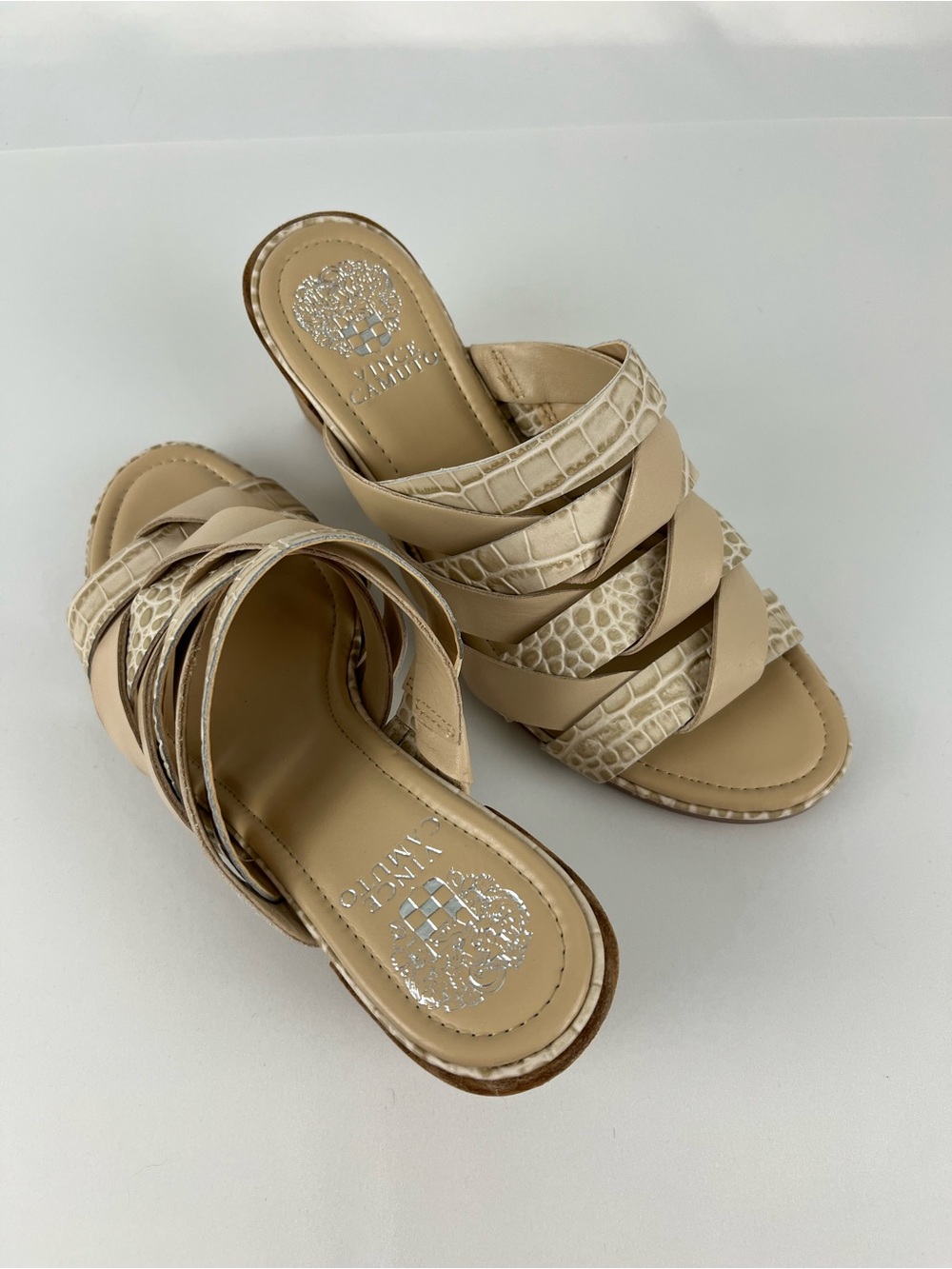Vince Camuto Deljesta Leather Braided Block Heel Mules Cream Tan Size 8